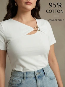 Anewsta Plus Size Women's Solid Color Metal Decor Casual Daily T-Shirt - White - View 1