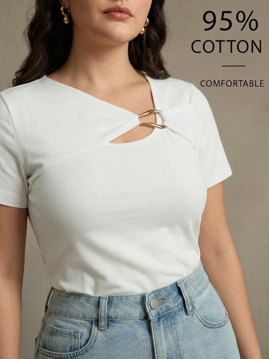 Anewsta Plus Size Women's Solid Color Metal Decor Casual Daily T-Shirt - White - View 1