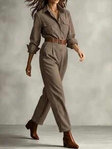 Trelyra French Vintage Brown Plaid Long Sleeve Jumpsuit, Retro Jumpsuit Suitable For Daily Outfits - Brown - View 5