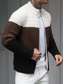 Manfinity CasualCool جاكيت كارديجان رجالي محبوك بكابلات وتصميم كتل لونية، بياقة واقفة وسحاب أمامي، كنزة محبوكة بلون موحد بنسيج ثلاثي الأبعاد وأكمام طويلة - قهوة بني - مشاهدة 7