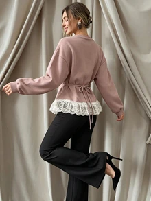 Cévolie Autumn Sweet & Cool Minimalist Sexy Style Lace Patchwork Back Tie Waist Sweatshirt, Gray & Pink Colorblock Trim, Slimming Ruffle Hem, For Daily, Dating, Commuting - Multicolor - View 3