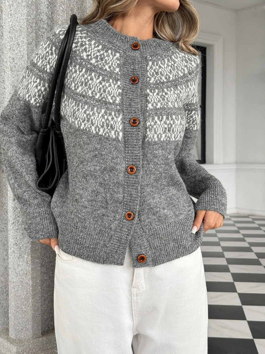 Pariaura Vintage Preppy Contrast Color Jacquard Round Neck Loose Casual Minimalist Slouchy Single-Breasted Slimming Cardigan Sweater - Grey - View 1