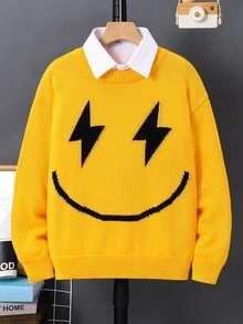SHEIN Tween Boy Cartoon Smiling Face Pattern Crew Neck Long Sleeve Casual Sweater - Multicolor - View 3