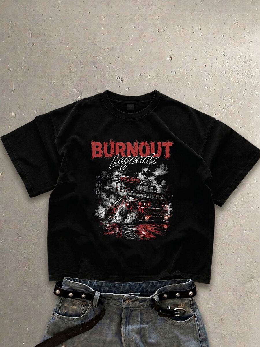 Manfinity ZONE917 Men's American Vintage Distressed Racing Graphic Loose Fit Short Sleeve Black T-Shirt - Black - View 1