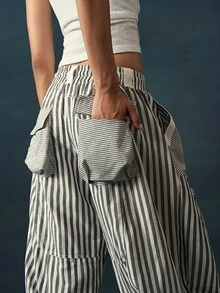 Bohemela Women's Striped Colorblock Drawstring Waist Pocket Loose Long Pants - Black and White - View 2