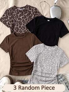 Tween Girls Simple Round Neck Ruched Waist Fitted Short Sleeve 3 Pieces T-Shirt Set, Versatile Style For Spring And Summer - Multicolor - View 1