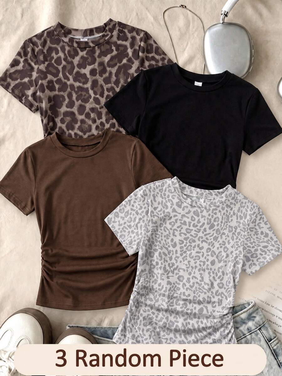 Tween Girls Simple Round Neck Ruched Waist Fitted Short Sleeve 3 Pieces T-Shirt Set, Versatile Style For Spring And Summer - Multicolor - View 1