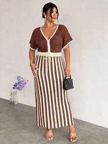 Firerie Plus Size Vintage Vacation Drawstring Tie Contrast Color Knit Dress - Coffee Brown - View 4