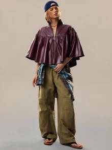 SHEIN 女款立領優雅荷葉邊中袖拉鍊開襟衫，寬鬆顯瘦時尚復古百搭短版夾克 - 酒紅色 - 查看 5