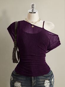SHEIN ICON Plus Size Solid Color Asymmetrical Collar T-Shirt, Summer - Purple - View 1