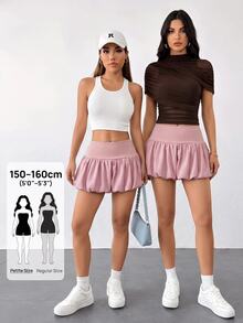 SHEIN PETITE 女款純色高腰荷葉邊迷你裙 - 粉色 - 查看 3