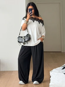 Coolane 女款大尺碼夏秋優雅性感休閒正式度假舒適蕾絲拼接黑白不對稱領口T恤與寬腿褲2件套 - 黑與白 - 查看 5