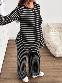 SHEIN Maternity Striped Side Slit Top And Pants 2 Pieces Set - Black - View 6