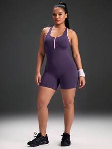 Powerista Women's Plus Size Zipper Half-Placket Striped Colorblock Sports Romper - Purple - View 5