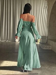 Opulessa 春夏度假純色梭織露肩上衣與裙子女款兩件套 - 綠色 - 查看 4