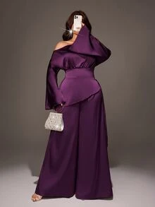 Viva Relle Plus Size Women Solid Color Asymmetric Shoulder Top And Skirt Fashion Set - Purple - View 3