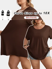 SHEIN CURVE+ 大尺碼女款純色圓領短袖休閒百搭T恤 - 棕色 - 查看 1