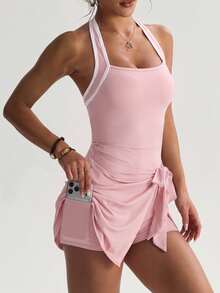 Dewbera Dewbera Spring/Summer Women's Sports Dress, Colorblock Halter Neck, Back Cutout, Front Tie, Built-In Shorts, Pockets, Dusty Pink, Athletic, Tennis - Pink - View 6