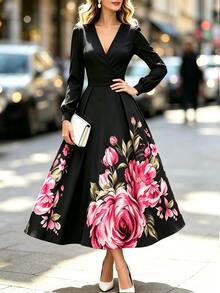SHEIN Gaun Wanita Berpotongan V dengan Motif Bunga Besar - MultiWarna - View 4