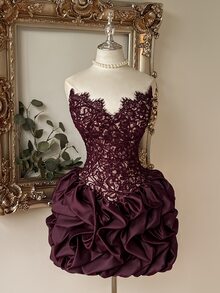 Lovelzi Elegant Romantic Lace Twisted Rope Patchwork Satin Bud-Shaped Design, With Fishbone Eyelash Lace Trim Short Skirt, Suitable For Pre-Wedding Party, Wedding And Graduation Prom. - Burgundy - View 6