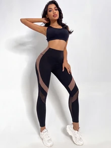 SHEIN PariChic Legging Olahraga Tanpa Jahitan Pinggang Tinggi dengan Motif Jala dan Patchwork - MultiWarna - View 3
