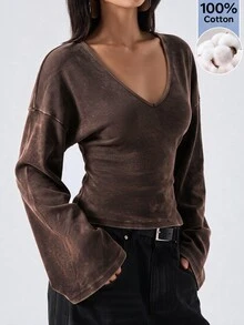 SHEIN EZwear 女款素色休閒日常長袖T恤 - 棕色 - 查看 4