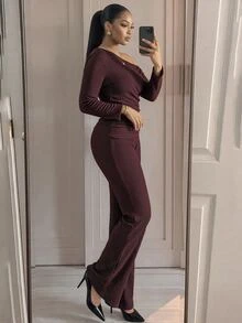 SHEIN Lady CURVE Plus Size Women Solid Color Asymmetrical Shoulder Long Sleeve T-Shirt And Flare Pants 2 Pieces Set - Brown - View 3