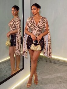 BamGleam Women's Fashion Sexy Leopard Print Waist-Cinching Blouse - Brown - View 5
