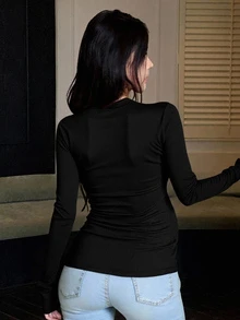 DAZY Solid Color Slim Fit Elastic Long Sleeve Crew Neck Casual Everyday Versatile Spring Autumn Top Maternity T-Shirt - Black - View 2