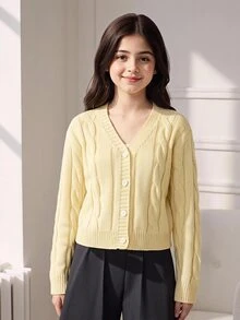 SHEIN Vintage flätstickad långärmad tröja för flickor - Gul - Visa 9