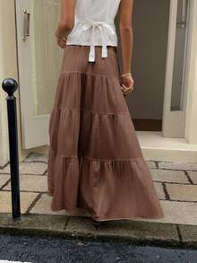 SHEIN EZwear 女款素色百褶休閒百搭日常穿著裙，適合夏季 - 棕色 - 查看 2