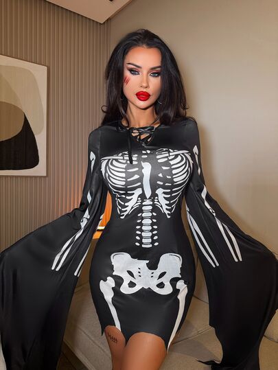 Fantasy Costume Fantasy Costume 2pcs Milk Silk Skeleton Print Asymmetrical Lingerie Costume Set