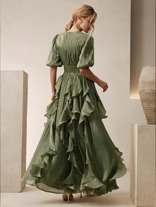 Anewsta 優雅女款短袖洋裝，浪漫優雅，抓皺腰部，時尚亮面波浪下擺，粉紅色，適合宴會、派對與會議 - 綠色 - 查看 2