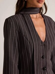 SHEIN BAE Women's Striped Single-Breasted Long Sleeve Jacket And Skirt Suit Set - Brown - View 7