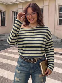 SHEIN CURVE+ 女款大尺碼 22W 秋季/冬季條紋寬鬆大尺碼 T 恤 - 彩色 - 查看 7