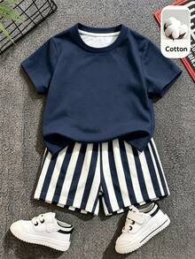 Baby Boy Casual Simple T-Shirt Set Suitable For Summer With Cartoon Pattern - Multicolor - View 5
