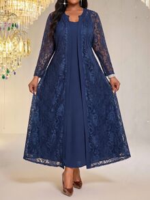 Fleurora Plus Size Women Solid Color Spaghetti Strap Dress And Lace Cardigan Fashion 2 Pieces Set - Navy Blue - View 3