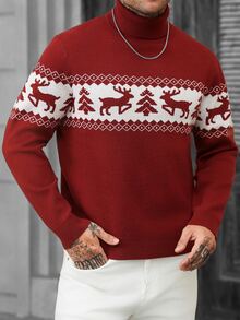 Manfinity CasualCool Men's Red Christmas Jacquard Turtleneck Sweater With Reindeer And Christmas Tree Pattern, Holiday Long Sleeve Knit Pullover, Old Money - Red - View 1