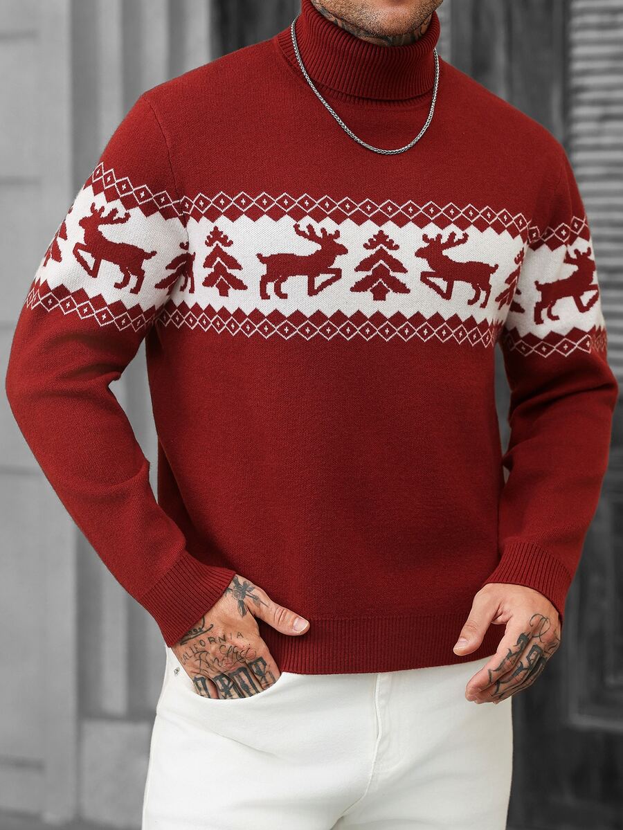 Manfinity CasualCool Men's Red Christmas Jacquard Turtleneck Sweater With Reindeer And Christmas Tree Pattern, Holiday Long Sleeve Knit Pullover, Old Money - Red - View 1