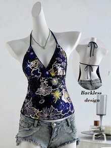 SHEIN Unity 女款深藍色亮片刺繡細肩帶露背背心，時尚性感度假上衣，亮片刺繡派對夜店夏季上衣 - 藍色 - 查看 7