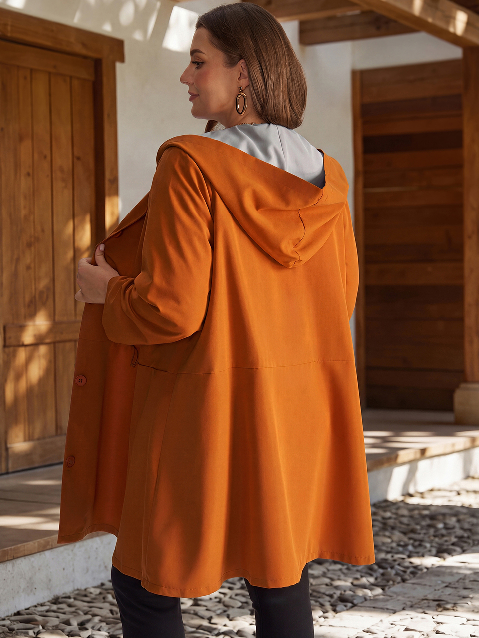 Plus Size Solid Hooded Long Sleeve Button Front Casual Loose Jacket With Pockets Fall Winter 2026