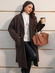 EMERY ROSE Mantel Wanita Ukuran Besar Warna Polos Lengan Panjang dengan Saku, Kasual Elegan, Cocok untuk Kantor, Acara Malam, dan Keluar, Warna Cokelat Musim Gugur - Coklat - View 4