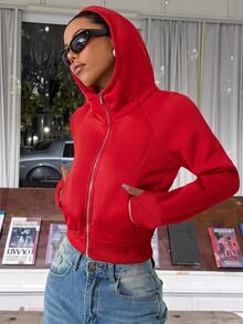 SHEIN EZwear 女款休閒舒適秋冬紅色連帽開襟長袖運動衫 - 紅色 - 查看 3