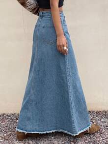 DAZY Spring/Summer Women's Casual Solid Color Raw Hem Mermaid Denim Skirt - Medium Wash - View 3