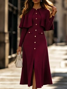 SHEIN Women's Elegant Button Shawl Collar Long Sleeve Dress - Burgundy - View 2