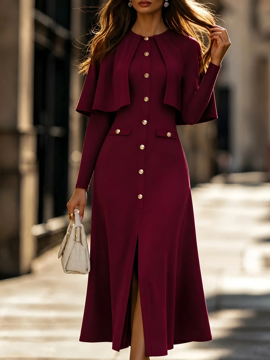 SHEIN Women's Elegant Button Shawl Collar Long Sleeve Dress