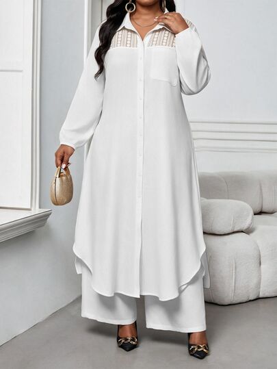 SHEIN Lady CURVE Plus Size Women Solid Color Contrast Lace Long Sleeve Long Blouse And Wide Leg Pants Casual 2 Pieces Set