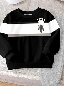 2pcs Kids Black & Grey Crown NY Letter Print Fleece Crew Neck Sweatshirt & Matching Print Sweatpants Set, Colorblock Striped Design, Sports Outdoor Casual, Suitable For Autumn/Winter - Multicolor - View 3