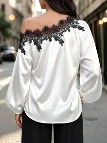 SHEIN LUNE CURVE Plus Size One-Shoulder Blouse For Women, Asymmetric Cold Shoulder Lantern Long Sleeve Top, Elegant Style For Commute And Party - Black and White - View 2