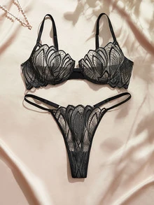 Charlaine Large Petal Embroidered Women's Lingerie Set, Adjustable Straps Ultra-Thin Underwire Bra, Thin Strap Thong 2pcs - Black - View 1
